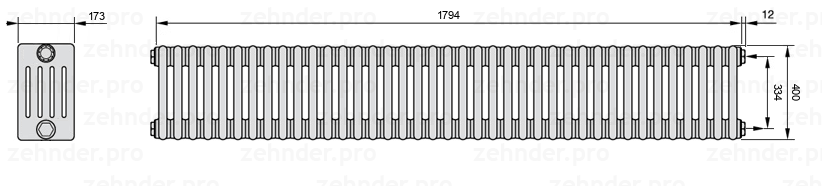 Схема (чертеж) Радиатор Zehnder Charleston 5040/39 №7610 Белый глянцевый RAL 9016